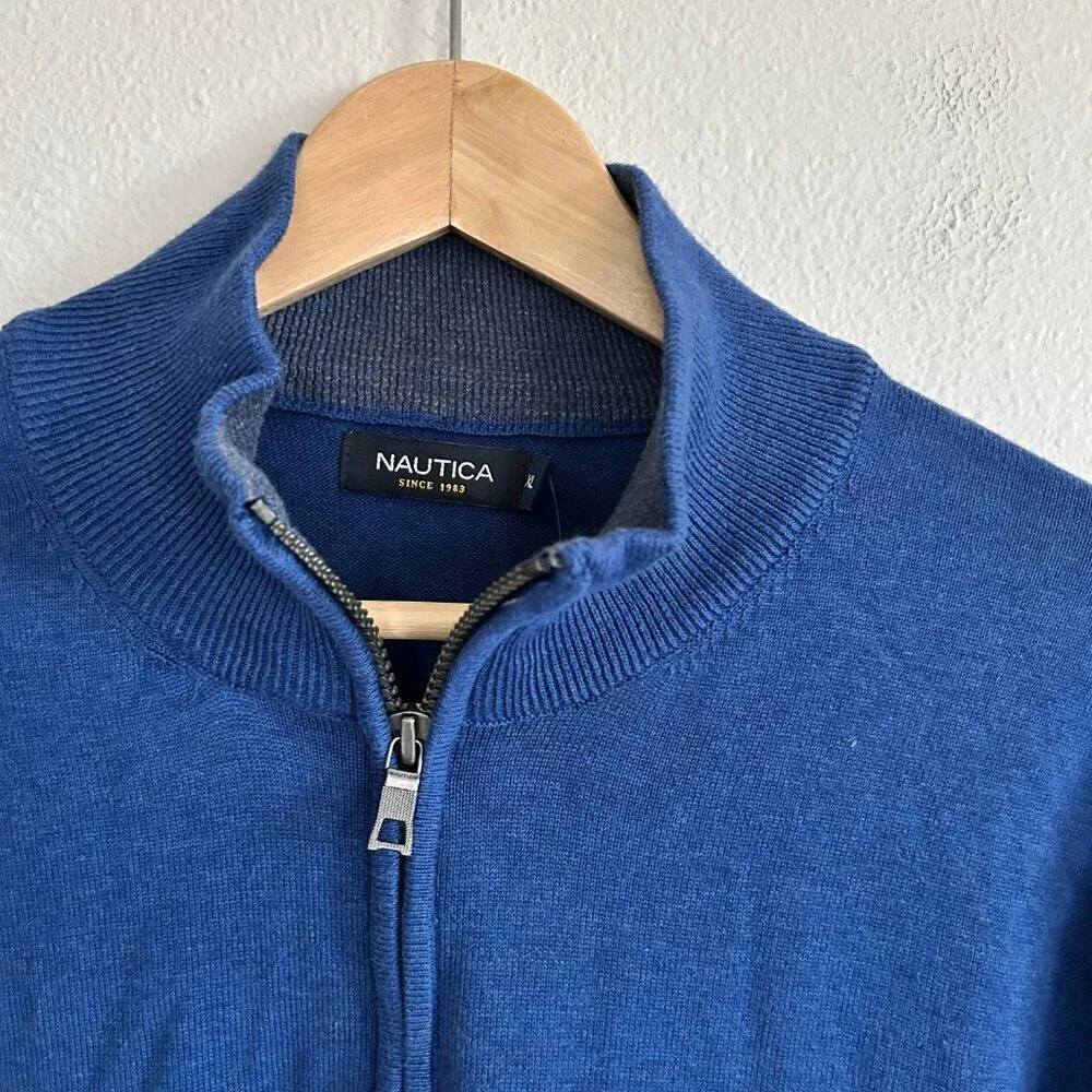 NWT Nautica Sweater Blue 1/4 Zip Cotton Mock Neck Classic Preppy